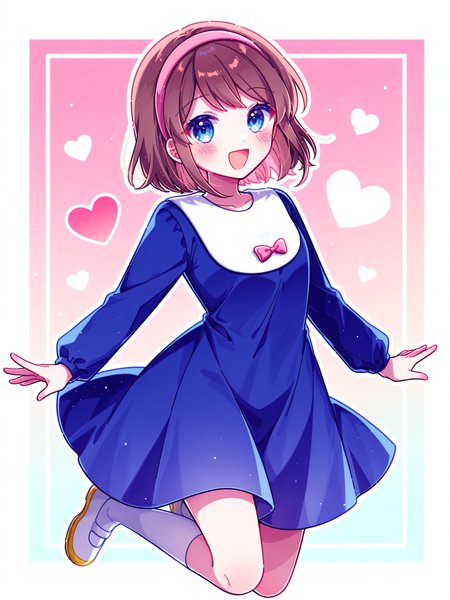 mei \(meiday mise\), <lora:spo_sdxl_10ep_4k-data_lora_webui:0.5> <lora:cfg_scale_boost:0.9> <lora:YukaXL:1> Yuka_CoPa, 1girl, short hair, blue smock, chest bow, pink hairband, dynamic pose, full body, white kneehighs, yellow uwabaki, 
cowboy shot, inset border, gradient background, simple background, looking at viewer, brown hair, blush, smile, heart, cute, floating, border, white outline, simple background, open mouth, solo, 
absurdres, best quality, masterpiece, high quality, detailed