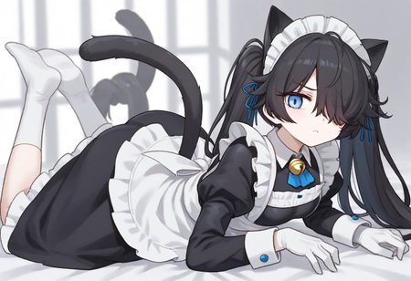 (Maid-kasli), solo, white gloves, dress, hair over one eye, maid apron, blue eyes, twintails, cat ears, maid headdress, maid, gloves, 1girl, apron, juliet sleeves, long sleeves, long hair, black hair, animal ears, bell,(Fall down),