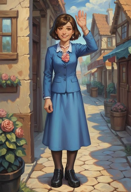 score_9_up, score_8_up, score_7_up, score_6_up, 1girl, solo, Rosalyn_P_M, short brown hair, brown eyes, blue jacket, white collar, blue skirt, pantyhose, black footwear, rose, pearl necklace, adult, smile, standing in front of town hall, outdoors, waving, (realistic, painted art)