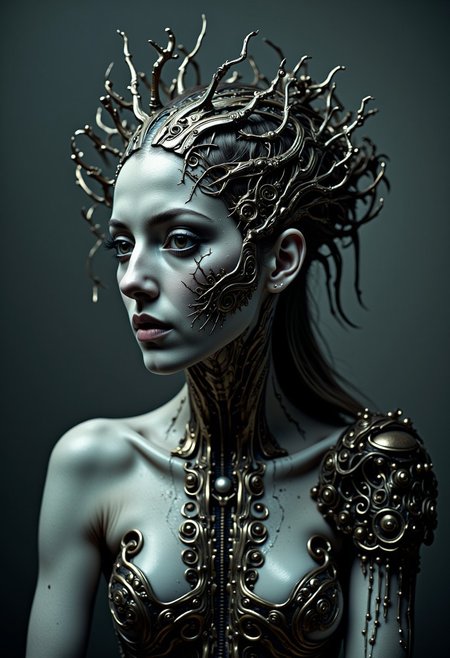 body horror, cc_cyborg a woman taking off her skin to reveal a cyborg underneath.
