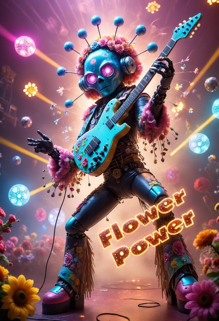 Robot rock star on stage, playing guitar, hero shot, pyrotechnics, fog, intricate details, stunning composition,  text "Flower Power", flower style, sharp focus, ambient light, full detailed, cinematic, highly coherent, symmetry, epic, great detail, creative, clear, artistic, amazing color, beautiful, perfect, very inspirational, cute