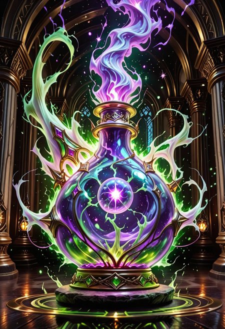 Score_9, Score_8_up, Score_7_up, Score_6_up, Score_5_up, Score_4_up, high_def, highest quality, 4k, best quality, masterpiece, no humans, object focus, focused, defined, (Photorealistic magic potion:1.3), intricate glass bottle, elixir, purple colors, green colors, black gues , bubbling, ethereal light, flashy lights, magic lights, luminous, dynamic reflections, magical aura, highly detailed, fantasy essence, glowing particles, radiant aura, A3THER, no humans