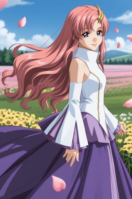 source anime, detailed, official art, masterpiece,
<lora:HandFineTuning_XL:1>
BREAK,
flower field, floating flower petals,
light smile, looking at viewer, cowboy shot, from side, looking at viewer,
BREAK,
<lora:estelle_pdxl_v02_1:0.9>
lacusbase, pink hair, long hair, wavy hair, hair ornament, blue eyes, sidelocks ,
frilled sleeves, bare shoulders, very long hair, detached sleeves, purple skirt,  long skirt,