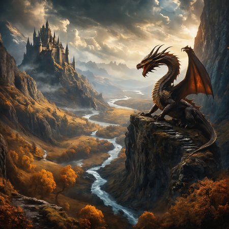 A dramatic fantasy landscape showcasing a towering castle built into the side of a rugged mountain. The skies are dramatic, with swirling clouds and a hint of magic in the air. Below, a turbulent river cuts through the landscape, guarded by mythical creatures such as dragons and giant eagles. The setting is both awe-inspiring and foreboding, perfect for a tale of epic adventures and legendary battles. Photorealistic, Cinematic, Bokeh. (Dragons:1.3). High detailed cinematic photo, breathtaking,
<lora:add-detail-xl:1> <lora:MJ52:0.2>