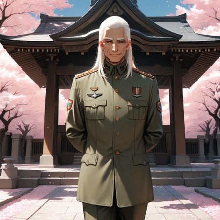 masterpiece, best quality, amazing quality, absurdres, newest, detailed background, definition so sharp, Ultra-HD, 8K cinematic, very awa, impressionate, amazing quality, highres, 
solo, male focus, manly, 
daikakukokujouji, lieutenant_white hair, lieutenant_brown eyes, 1boy, solo, old man, long hair, standing, hands behind back, serene expression,military uniform, sharp, confident posture, temple grounds, cherry blossoms, blue sky, respectful, dignified, composed, watchful, protective, subtle smile