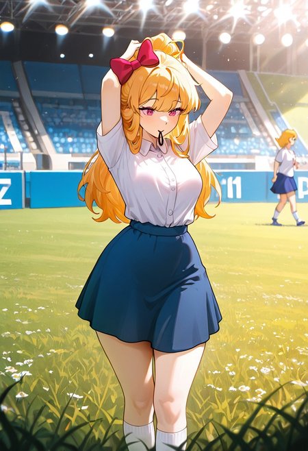 masterpiece, best quality, amazing quality, very aesthetic, absurdres, newest, detailed background, foreground blur, (( cartoon,  )),
elizabafton, 1girl, red bow , hair bow, long hair,  blonde ginger, hair, , short sleeves, bright pink buttoned shirt, blue skirt, medium breasts, short skirt, long white socks, loose shirt, 
, wide hips, tying hair, outdoors, on grass, tournament, stadium, stage lights,