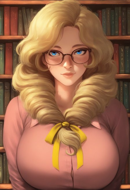 masterpiece, best quality, very aesthetic, 1girl, solo, mature female, <lora:soffa_n11:1> blonde hair, glasses, freckles, upper body, pink shirt, collared shirt, yellow ribbon, library, blue eyes, curly hair, front ponytail
