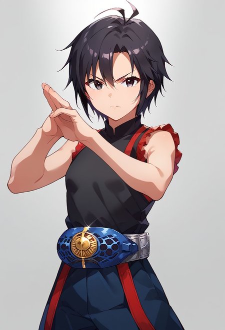 score_9, score_8_up, score_7_up, source_anime,
kkcmkt, short hair, black hair, antenna hair, hair between eyes, black eyes, flat chest,  small breasts, rider belt, henshin pose