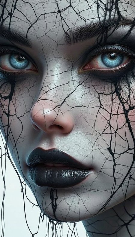A close-up portrait of a woman's face,  hyperrealistic in style.  The skin is a light gray with dark gray/black cracks and splatters of liquid, resembling a cracked, stained glass effect or like spilled ink on a surface.  The liquid streaks and splatters are detailed, creating a textured pattern. Deep, dramatic dark gray/black makeup accentuates the eyes and lips. The eyes are a light blue,  and the lips are a deep, glossy black. The light is focused, highlighting the details of the facial features and the textures. The setting is a simple white background, allowing the face and its unique features to take center stage. The coloration is monochromatic, with variations in shades of gray and black, complemented by the blue eyes.  The overall mood is dramatic and evocative.
bo-abyss <lora:boFLUX_digital-abyss:1>