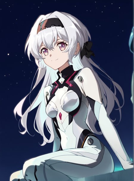 score_9, score_8_up, score_7_up, score_6_up, score_5_up, score_4_up , source_anime, anime screencap, <lora:Symphogear_Style:1>symphogearstyle  <lora:Fifefly_-_26710_Honkai_Star_Rail:0.8>fireflypilotsuit, silver hair,solo, long hair, bodysuit, medium breasts, hairband, white bodysuit, bangs, plugsuit, black hairband, smile, night sky, starry sky, sitting, wind_blowing