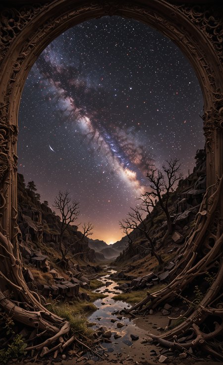Mind blowing depth and foreground clarity, abstract details, distinctive visuals, Intricate and Exquisite Definition, Painstaking Attention To Details (Very Intricate), (UHD), <lora:3D_Framed_Wall_Art_-_By_DICE:1>, (3D Framed, Macabre), (Unreal Details), (Exquisite intricacies), <lora:Milky-Way_Sky_-_By_DICE_For_Cosmogonaut:1>, Milky way,