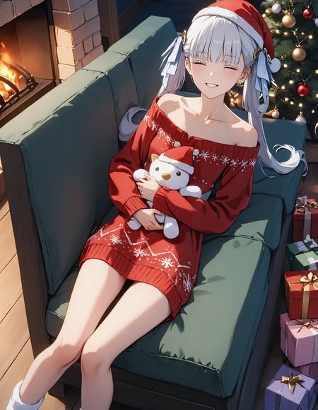 masterpiece, best quality, 8K, very aesthetic, UHD, volumetric lighting, natural lighting, highly detailed, intricate details, 1girl, home clothes, red wool sweater, wool socks, christmas hat, bare shoulders, bare legs, twintails, white eyelashes, white hair, white eyes, cute smile, happy, closed eyes, lifelike female body, perfect female body shape, narrow waist, view from above, lying on the couch, clutching a plush toy, dim light, christmas decorations, fireplace, night, cozy wooden house, <lora:Jinhsi_V1.11:0.7>