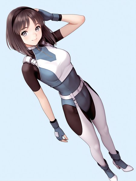 masterpiece,best quality,newest,
1girl,solo,
<lora:nagase_mari_ilxl_v1.0:1>,mari,black hair band,bob_cut,brown hair,grey eyes,
r_suit,turtleneck,skin tight,bodysuit,crop top,short sleeves,fingerless gloves,leotard,high heels,shoes,
<lora:Fixhands_anime_bdsqlsz_V1:1>,looking_at_viewer,dynamic_angle,standing,salute,smile,white_background,simple_background,