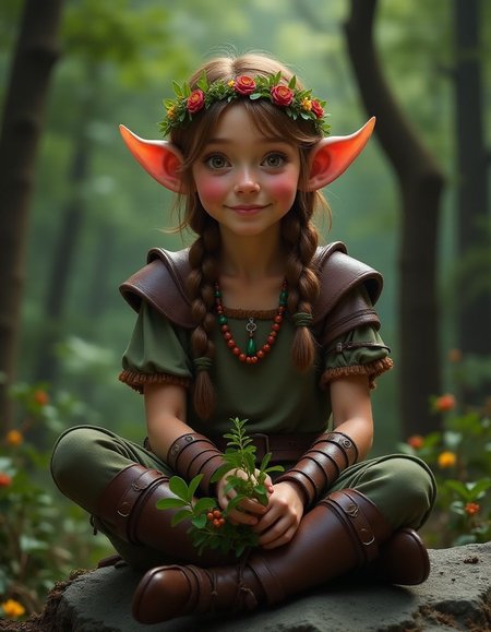 (exquisite detail), (superb photograph), A halfling woman with ruddy cheeks, earthy hair in plaits with a flower headband, bead necklace, leather armour, pleasant smile, sat on a rock in the middle of a deep forest,  she has a sprig of mistletoe in her hands