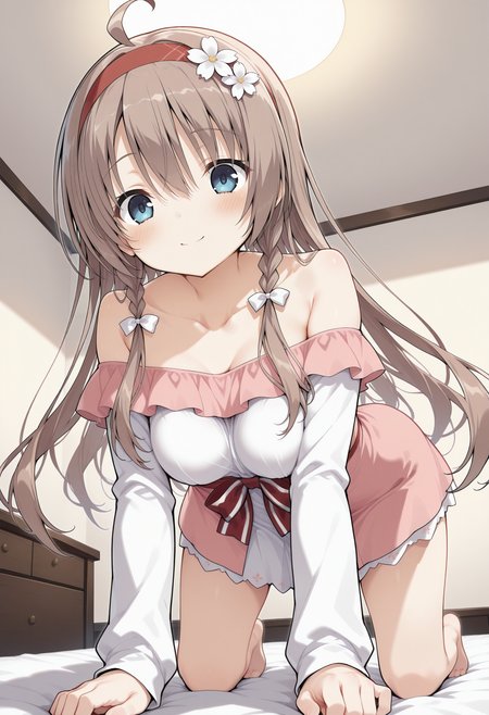1girl, bbtsumugi, long hair, brown hair, ahoge, twin braids, white bow, red hairband, hair flower, blue eyes, breasts, collarbone, bare shoulders, white shirt, off-shoulder dress, pink dress, long sleeves, striped bow, red bow, white skirt, <lora:shiiba_tsumugi_ilxl_v1:0.9>, on bed, all fours, from below, smile, blush, indoors,
masterpiece, best quality, amazing quality,