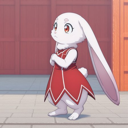 masterpiece, best quality, amazing quality, emulslfILv2, semi-anthro, female, rabbit, white fur, reddish orange eyes, red dress white trim, outside,  sleeveless dress, standing