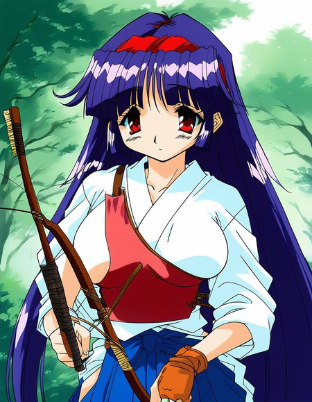 score_9, score_8_up, score_7_up, source_anime, rating_explicit, BREAK  <lora:Shiraishi_Yumiko_Ver2.0_XL:1> ShiraishiYumiko, long hair, red eyes, red hairband, purple hair, large breasts, blunt bangs,
 1girl, bow (weapon), solo, weapon, gloves, kyuudou, archery, japanese clothes, muneate, yugake,  partially fingerless gloves, blue hakama, 
skirt, blue hair, hakama skirt, holding bow (weapon), arrow (projectile), single glove, holding weapon