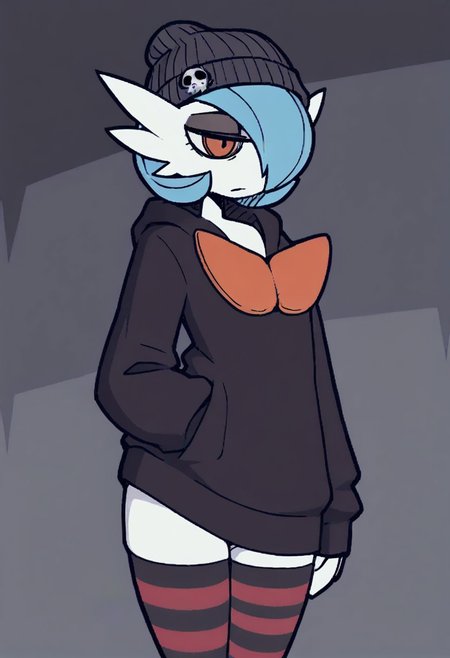 Masterpiece, best quality, aesthetic, high resolution, 1girl, anthro, solo, female, femboy, girly, Mega Gardevoir, emo, dark eyeshadow, orange eyes, blue hair, dark eye circles, black hoodie, bottomless, beanie, thighhighs, Vanripper