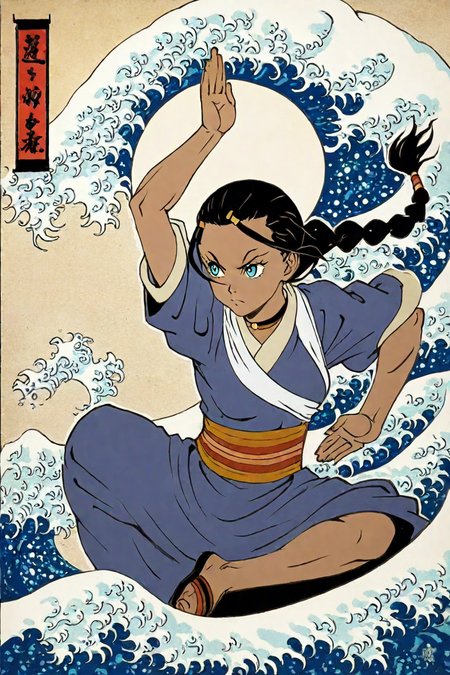 score_9, score_8_up, score_7_up, score_6_up, score_5_up, score_4_up,  <lora:katara-book2-ponyxl-lora-nochekaiser:0.8> ,katara, long hair, blue eyes, brown hair, black hair, hair ornament, hairclip, braid, single braid, braided ponytail, dark skin, dark-skinned female, choker, short sleeves, robe, blue robe, sash, 1girl, solo, alone,  <lora:traditional_japanese_art_illustriousXL-000031:1>, traditional japanese art, fighting stance, masterpiece, highres , great wave, great wave of kanagawa, facing the wave, from side