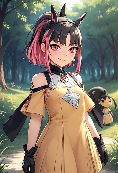 score_4,score_5,score_6,score_7_up,score_8_up,score_9 ((masterpiece,best quality,ultra detailed,highres,HD,4k:1.2)), 
1 girl,solo,face focus,
mawile, human girl,,young,petite,
ponytail,black hair,blant bangs,Tactile hair,earrings,small breast,s,multicolored hair,Inner color pink hair,earrings,small breast,tattoo,black head gear,earrings,small breast,
black gloves,skirt,shirt,Exposed shoulders, exposed upper arms, jewelry,
outdoors,in the forest,day,
standing,
smile,.blush,light smile,