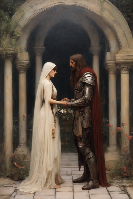 John William Waterhouse Style - john william waterhouse style, gothic romantic science fiction, ancient alien altar, quiet wonderful, a man and woman wed in secrecy, sacred ceremonial exchange of love and loyalty vows with the love of your life, secret celtic vows exchanged in love and defiance of oppression, romanticism futurism