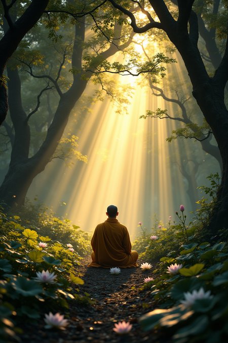 aidmafluxpro1.1.
In a lush forest glade bathed in ethereal light, a solitary monk sits cross-legged under the canopy of ancient trees. The setting sun casts long shadows that interweave with beams of golden sunlight filtering through the thick foliage above. A delicate lotus flower floats gently nearby, its petals illuminated by the soft glow. This tranquil moment captures the essence of inner peace and reflection amidst nature's splendor. The air feels still and sacred, as if time itself has paused to honor the meditative presence of the monk. The atmosphere is one of profound tranquility and enlightenment. Your task is to generate a poetic narrative inspired by this scene. Focus on evoking a sense of serenity, mindfulness, and connection with nature. Explore themes such as meditation, spiritual awakening, harmony with the environment, and the beauty found in solitude. Consider using vivid imagery, sensory details, and metaphors to paint a picture of this magical place and its contemplative inhabitant. Let your words flow like the gentle streams of light piercing the dense forest, illuminating the path to inner peace.
