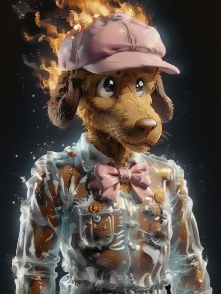f1r3,1c3_w1n73r,Smiley, furry male, male focus, furry,1boy, solo,ice uniform,fire hat,pink hat,fire bowtie,fire bow,portrait,black eyes,<lora:Todd and Smiley:1.0>,<lora:fire:0.6>,<lora:ice:0.6>