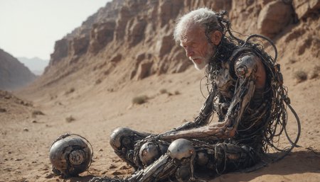 cinematic photo, medium body shot, dystopic image of a one old man cyborg sitting in the desert, <lora:Dystopia:0.6>, 35mm photograph, film, bokeh,  professional, 4k, highly detailed, hands with five fingers