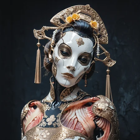 masterpiece, best quality, amazing quality, realistic,
white, android, extreme close-up, (head tilt:1.2), faceless robot mask, smooth,
dark hair bun, gold hair flower,
expressionless,
(exposed muscle:2.3),
(porcelain:2),
<lora:Faceless_mask_ILL:0.5>
