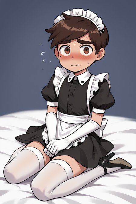 score 6 up,score 7 up, score 8 up,score 9,blush,short sleeves,looking at viewer,  <lora:marco_diaz:0.7>,marco diaz,brown hair,mole under left eye,short hair,solo,thick eyebrows,<lora:Lucyla_Art_Style:0.4>,male focus,maid headdress,maid uniform,,embarrassed,black heels,white elbow gloves, white stockings