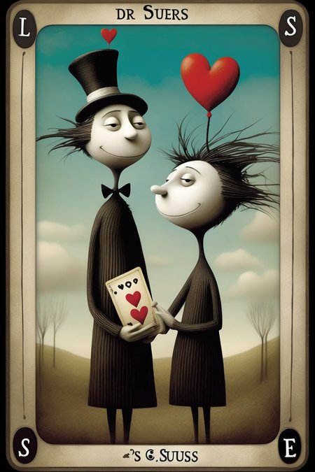<lora:Dixit Card Generator:1>Dixit Card Generator - the lovers tarot card by Doug Hyde and Dr. Seuss