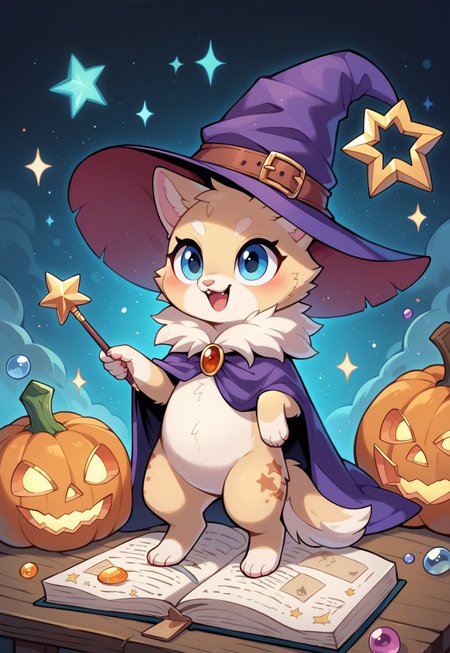 score_9, score_8_up, score_7_up, score_6_up, absurd res:1.1, solo focus, wizard hat, adorable female quoll with golden fur wearing a wizard hat and robes, golden fur:1.4,  wand, holding, casting a spell, (a pumpkin made of iridescent bubbles is floating in the air by wand:1.4, wow_bbls), adorable:1.4, Illustration, official artwork,  wallpaper, official art:1.1
