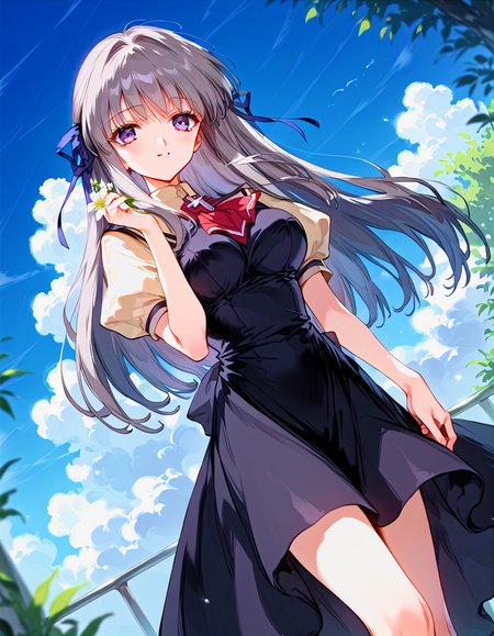 [MugenMaluMix is merged by motimalu, Shining Dream is merged by eliont, Epona_Mix is  merged by k4gtuTi:100], [zPDXLxxx::0.6], score_9, score_8_up, score_7_up, rating_questionable, source_anime, best quality, masterpiece, dreamy watercolor, depth of field, fcx, fyx, phc, yuh, very aesthetic, absurdres, retro style, depth of field, <lora:Expressive_H-000001:0.4>, Expressiveh, <lora:flat_sdxl:-0.8>, <lora:pony_good_hands:0.2>, good_hands, <lora:Mixed_ArtstyleV2:0.36>, [this lora is made by MaiiaM:100], <lora:iris_size_control2_pony_02:0.4>, <lora:detail_eyes-000019:0.2>, [this lora made by sadsilly:100], detail1eye, <lora:PE_AnimeBG:0.6>, PE_AnimeBG, anime, 1girl, long eyelashes, ultra detailed eyes, beautiful eyes, bright eyes, faint lips BREAK twisted torso, embarrassed smile, blue sky, cloud, flower, nature, rainbow, wide shot, full body, (three quarter view:0.6, straight-on, (dutch angle:0) BREAK <lora:tohno-minagi-xl-05:1>, tohno minagi, grey hair, long hair, blue hair ribbon, purple eyes, expressionless, big breasts, air school dress uniform, blacksocks, leather shooes