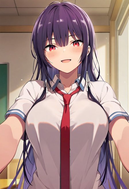 masterpiece,best quality,amazing quality, takamine takane, long hair, purple hair, red eyes, 1girl, solo, blush, school uniform, looking at viewer, necktie, smile, indoors, open mouth, shirt, red necktie, short sleeves, upper body