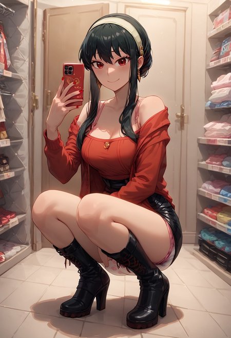 score_9, score_8_up, score_8, 
dressing room, store, indoors, detailed lighting, solo, selfie, full body, crouching, knees apart, holding cellphone, pink cellphone, red nails,
BREAK,
1girl, 21 year old girl, 
yor_briar, spy_x_family, 1girl, black_hair, red_eyes, smile, gorgeous, pointy breasts, medium breasts,
BREAK,
red crop top, off shoulder, pink bra strap, leather skirt, black boots, high heel boots,
abu bunnyhopps, diaper, 4tapes diaper, bunny print, pastel colors, front diaper,