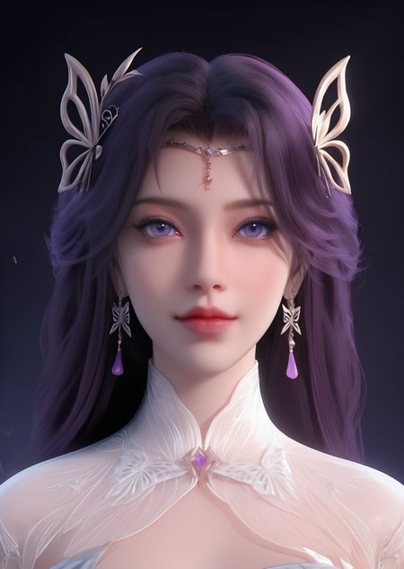 looking_at_viewer,cowboy_shot,finger_to_mouth,1girl,solo,dress,hair ornament,portiart,from front,masterpiece,(best quality),official art,extremely detailed cg 8k wallpaper,((crystalstexture skin)),(extremely delicate and beautiful),solo,realistic,photo_\(medium\),hiqcgbody,purple eyes,chinese background,<lora:äºæ¦_V2-000001:1>,eye-contact,(smile:0.6),jewelry,purple with white waistband,