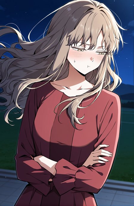 <lora:Cecilia__The_Beginning_After_the_End__Illustrious:1>
Cecilia, female, long hair, wavy hair, light brown hair, golden eyes, side bangs, 
red dress, long sleeves, floor-length dress,
score_9, score_8_up, score_7_up, very aesthetic, source_anime, detailed, high quality, beautiful, masterpiece, detailed eyes, field, blurry background, pose dynamic angle, upper body, cowboy shot, floating hair, half-closed eyes, arms crossed, looking to the side, pouting, sulking, embarrassed, night