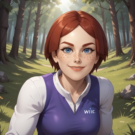 score_9, score_8, BREAK, solo, wii, mii, female mii, wii sports, 1girl, blue eyes, dark red hair, dark red eyebrows, lips, freckles, purple clothing, white pants, shoes, nintendo mii, modern_mii, classic_mii, breasts, Giovanna_(Wii_Sports), adult female, mature female, breasts, sexy pose, self portrait, smile, outdoors, sunlight, shadows, evening lighting, natural lighting, forest, trees, grass, orange sky, sunset