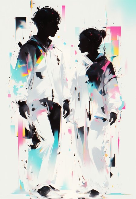 aidmaimageupgrader, male and female character framed by geometric shapes, glitchcore aesthetic, white space dominance, minimalist design, soft gradients, glowing holographic lines, fragmented glitch effects, subtle neon overlays, abstract symmetry, futuristic fashion with clean lines, muted color palette, digital distortion around edges, serene atmosphere, faded visual artifacts, worn textures, dreamlike holographic glow, delicate composition, degraded digital aesthetics, quiet focus, ethereal ambiance,pscho_4rt