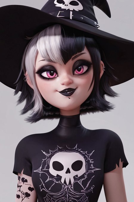 score_9, score_8_up, score_8, medium breasts, (curvy), cute, eyelashes,       BREAK, ,   ,,, <lora:GothMavis_PDXL:0.8>, witch hat, zzGothMavis, black hair, white hair, makeup, short hair, black lips, multicolored hair, two-tone hair, ear piercing, eyeshadow, gothic, shirt, lipstick, tattoo, turtleneck, cross, skull print shirt, ,,, , BREAK, smile, looking at viewer, cowboy shot, ,,, embedding:zPDXL, <lora:DiivesP1:0.7>,