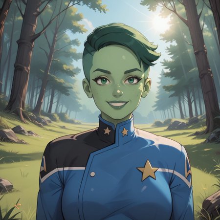 score_9, score_8, BREAK, solo, D'vana Tendi, orion species, Star Trek, in a starfleet uniform, colored skin, green skin, green freckles, colored hair, green hair, undercut, sexy pose, self portrait, smile, outdoors, sunlight, shadows, evening lighting, natural lighting, forest, trees, grass, orange sky, sunset