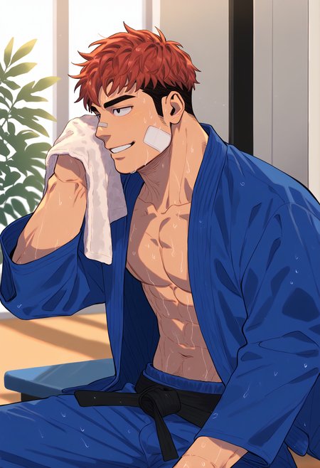 1boy, solo, h4ruk4m1, (bif, baf:1.1), (xhh:1.4), bara, muscular male, from side, cowboy shot,
judo, judo uniform, (blue clothes:1.2), belt, black belt, abs, navel, open jacket, bandaid on face, sitting, wiping sweat with towel, smile, looking away,
red hair, short hair, black eyes, undercut, sideburns, wet hair, very sweaty, sweatdrop, 
indoors, gym,
best quality, amazing quality, best aesthetic, absurdres, sfw, year 2023,
<lora:judo:1> <lora:h4ruk4m1XLP:0.8> <lora:sn0w:0.8> <lora:incase-ilff-v3-4:0.4>