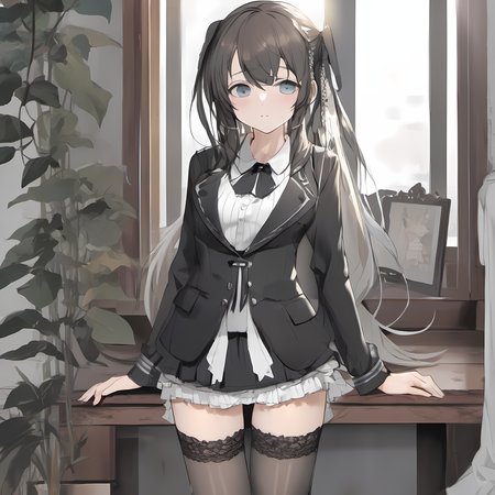 best quality,highly detailed,masterpiece,ultra-detailed,illustration,hagi, 1girl, small breasts, standing, black pantyhose,  <lora:HagiSDXL:0.8>