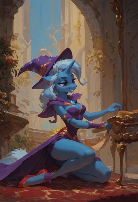 score_9, score_8_up, score_7_up, high quality, 1girl, solo, unicorn, horn, anthro, trixie lulamoon, fancy magician's outfit, on stage.