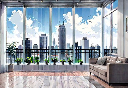 ((((front view)))), Shallow scene, ((animation style)), (((City high-rise building scenery))), ((((City scenery outside the window)))), (Facing the window), (open window), modern-style interior, Wooden floor, with white walls, (large windows), a living room, sofa and coffee table by the window sill, (Behind the sofa is the window sill), noon, clear sky, low saturation
