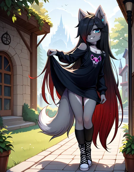 masterpiece, best quality, very aesthetic, absurdres,
outdoors,
full body, standing, posing, 
goth fashion, 
 seductive smile, parted lips, long eyelashes,
<lora:Kayla_Kitsune_v01_NAIXL:1>
K41l4,1girl,solo,furry,furry female,very long hair,multicolored hair,black hair,red hair,gradient hair,hair over one eye,animal ears,earrings,blue eyes,freckles,snout,animal nose,choker,body fur,wolf tail,