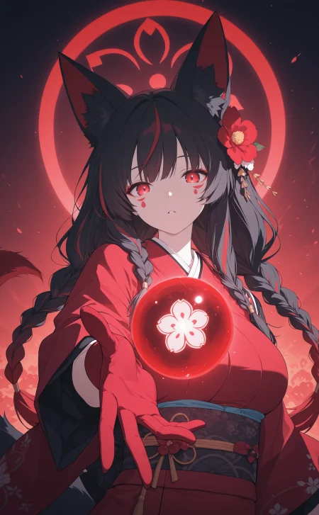 masterpiece, best quality, amazing quality, 1girl, solo, long hair, breasts, looking at viewer, large breasts, black hair, hair ornament, gloves, red eyes, animal ears, closed mouth, tail, upper body, braid, flower, multicolored hair, red hair, parted lips, japanese clothes, hair flower, kimono, streaked hair, twin braids, animal ear fluff, fingernails, fox ears, fox tail, glowing, facial mark, fox girl, red flower, outstretched arm, red gloves, reaching towards viewer, red kimono, orb, blue archive style, <lora:noobai_ep11_stabilizer_v0.138_fp16:0.3> <lora:lpc_v10:0.7> <lora:blue_archive-ixl-style-soralz:0.8>
