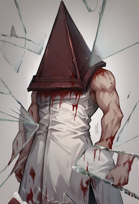 score_9, score_8_up, source_anime, PyramidHead, helmet, white coat, sleeveless, blood on clothes, white pants, boots, <lora:ChamPyramidHeadPonyXL:1> <lora:BreakingGlassXLPDCAME:1> IncrsXLBrknGls, broken glass, reflection, upper body