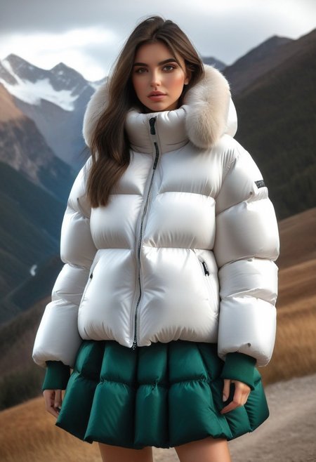 ((((sherpa puffer padded jacket)))), ((((sharpa puffer padded coat)))), ((((puffer skirt)))), ((((cowboy shot)))), ((((from back)))), standing, winter, snow, mountains, 1girl, solo, (masterpiece), (detailed face, detailed eyes), (beautiful detailed eyes:1.5), sidelighting, (super detail, hyper detail, intricate_details, detailed), looking at viewer, (semi realistic:1.6), very detailed face, (Blonde hair), (white hair), absurdly long hair, hair between eyes, (straight hair), (green eyes), put your hair behind your ears, eyelashs, eyeliner, (eye shadow:0.5), wet hair, sweat, white skin, Angry face, (blush), padded cuffs, padded collar, Thick padded cuffs, Thick padded collar, <lora:Collar-SDXL:0.6>, <lora:Cuffs-SDXL:0.6>, <lora:Puffer_Jacket_and_Down_Jacket_-_Extra_Puffy_Jackets:0.6>,  <lora:puffer_skirt_v1:0.6>