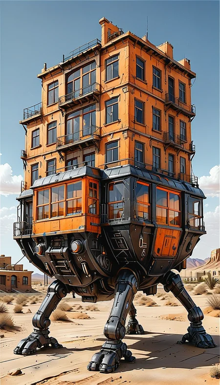 (big Walking city), solo, outdoors, sky, cloud, desert, vehicle focus, scenery, (Walking vehicle), (legged vehicle), buildings, black paint, gray paint, orange paint,
(ultra sharp focus:2), (detailed windows:2),
<lora:Apparatus_-_Traction_City_Walkers_Vehicles:0.8>